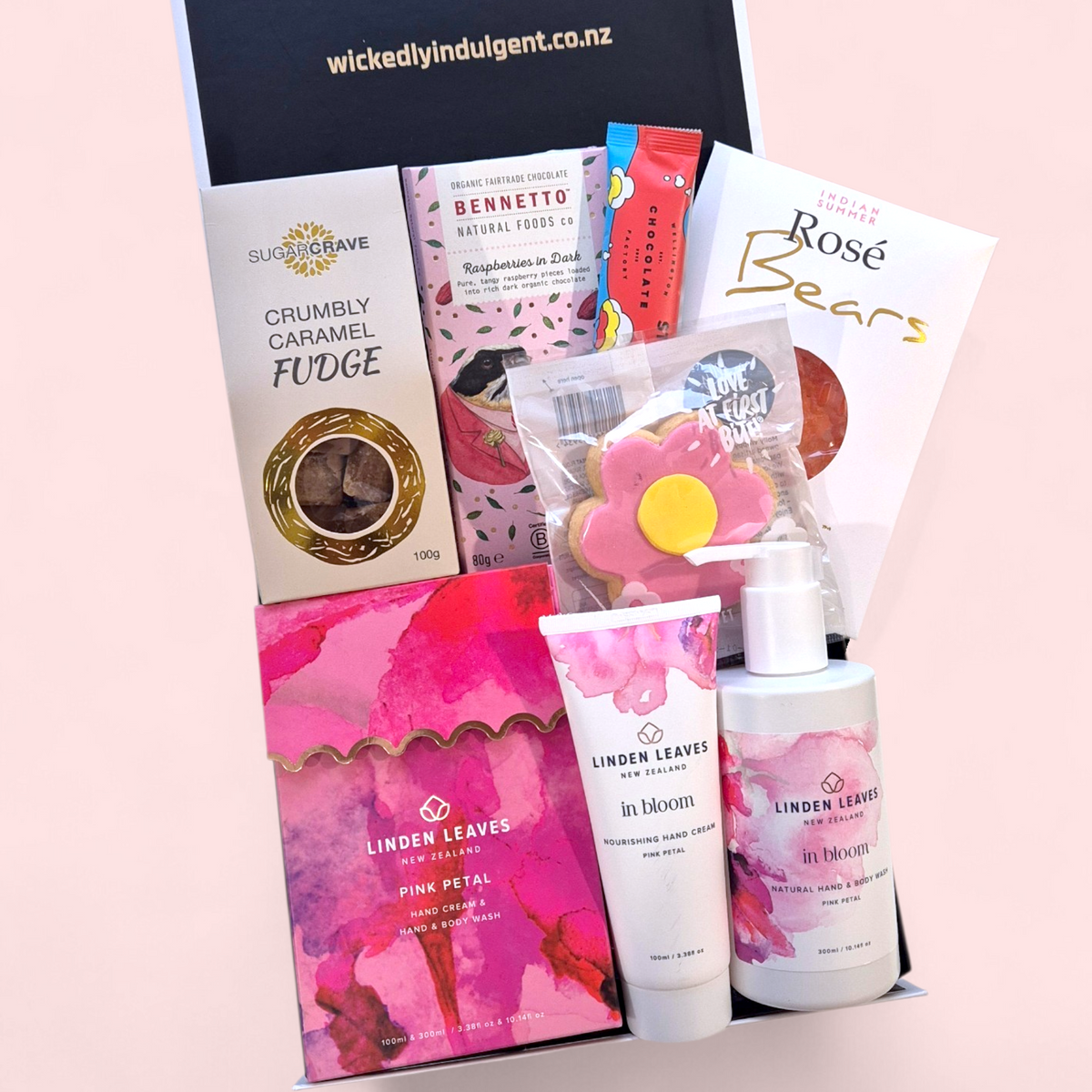 Pretty in Pink gift box with Linden Leaves Pink Petal products, chocolates and sweet treats in a luxury black & white gift box