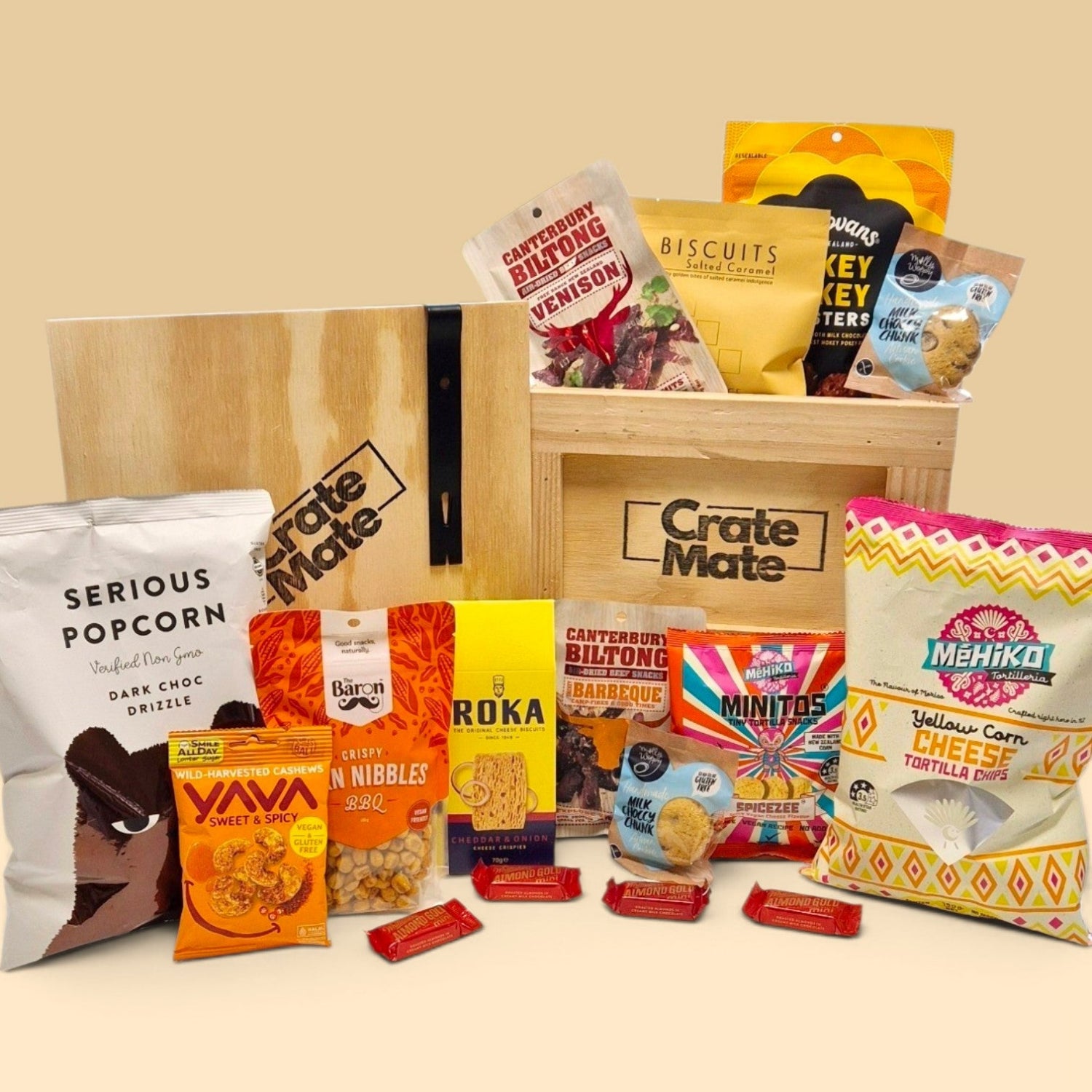 Snack Mates Crate Mate gift crate with sweet and savoury snacks, handmade wooden crate and crowbar opening experience.