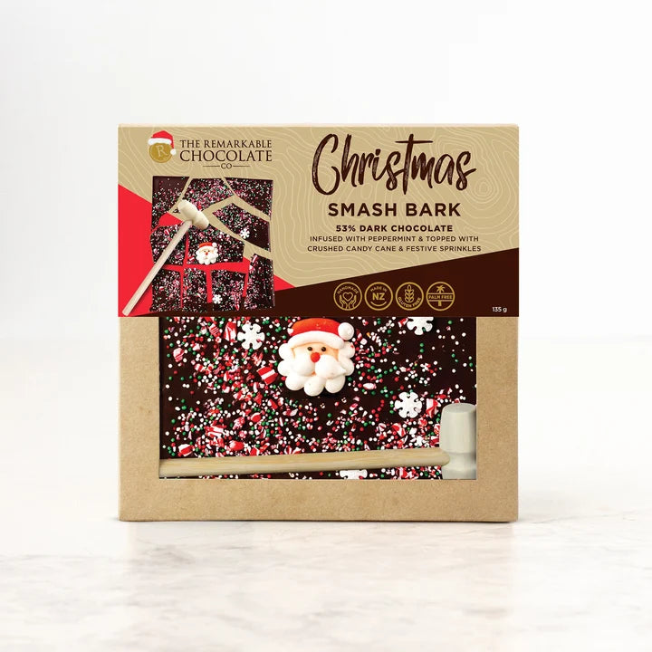 Remarkable Chocolate Co. Christmas Smash Bark 135g with peppermint dark chocolate, crushed candy cane, festive sprinkles and mini wooden hammer.