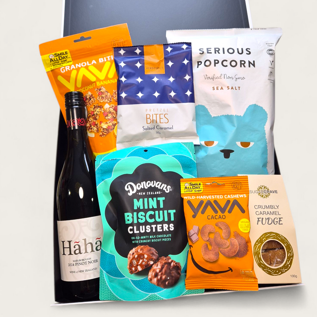 wine and snacks in a modern gift box.