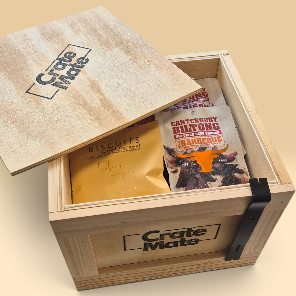 Snack Mates wooden gift crate filled with sweet, salty and savoury snacks for men.