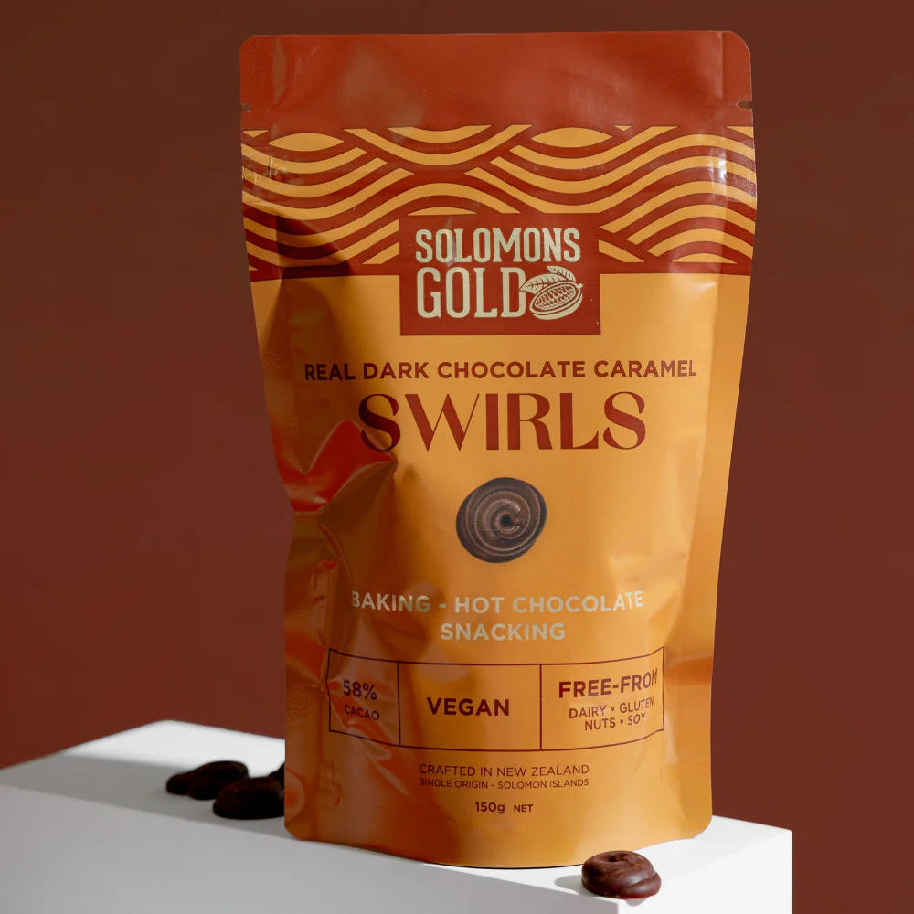 Solomon’s Gold vegan chocolate caramel swirls, a dairy free and gluten free gift box add-on.