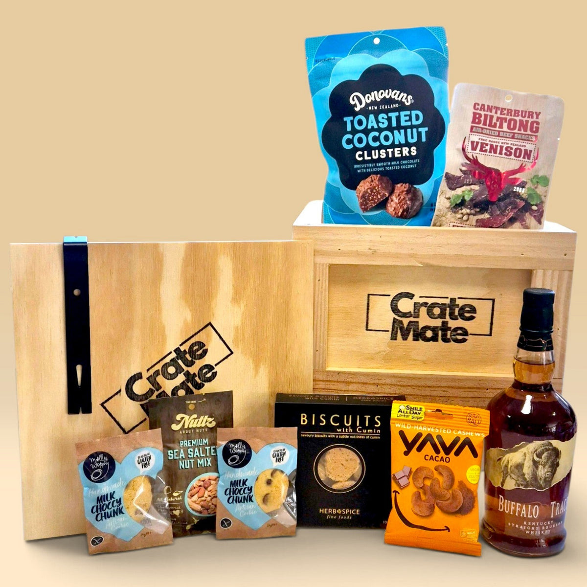 Spirits and snack gift crate for men with whiskey, biltong, cookies, cashews and treats, sealed in a wooden crate with crowbar.