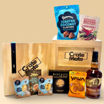 Spirits and snack gift crate for men with whiskey, biltong, cookies, cashews and treats, sealed in a wooden crate with crowbar.