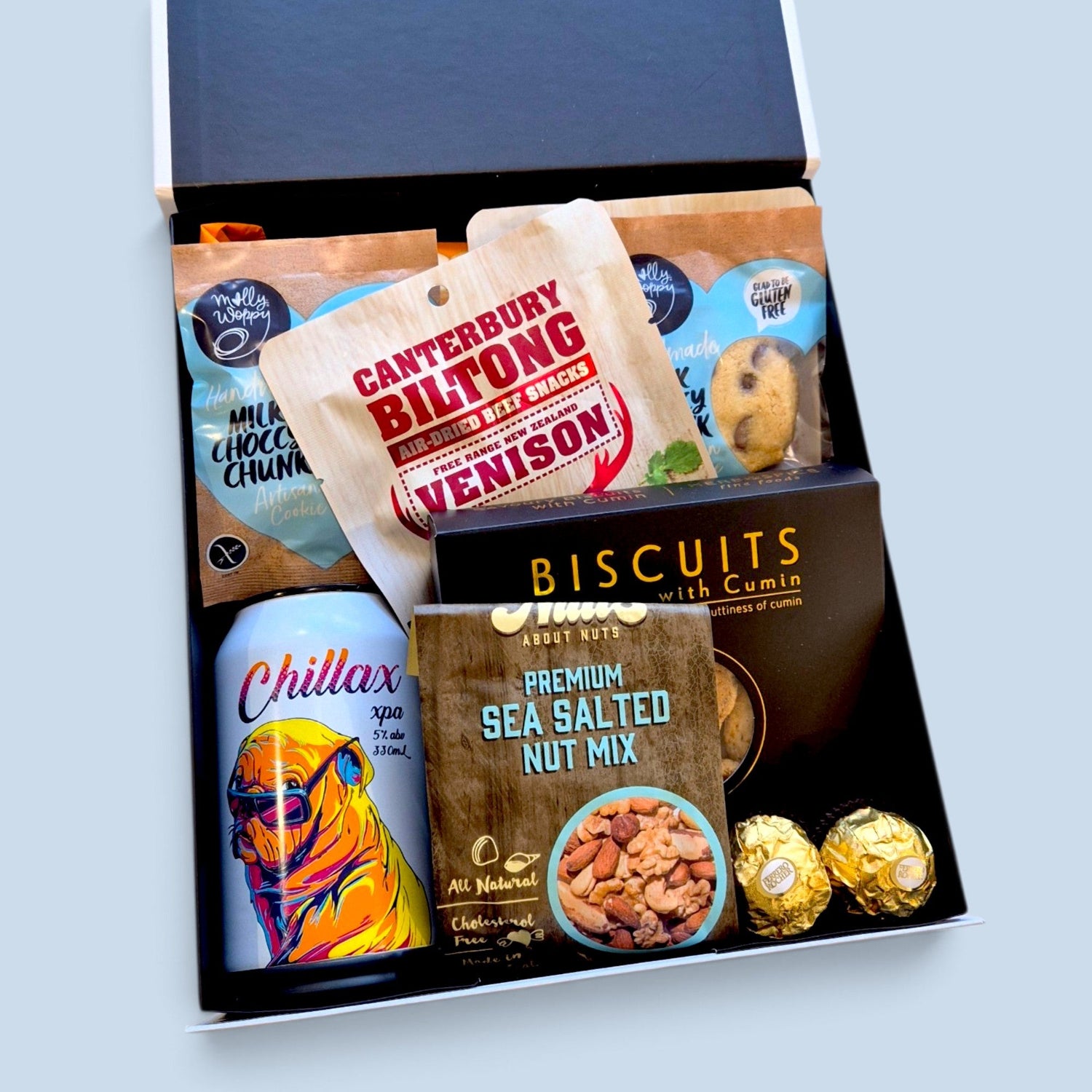 The deer essentials fathers day gift hamper with jerky, venison biltong, drink & more. Presented in a modern gift box.
