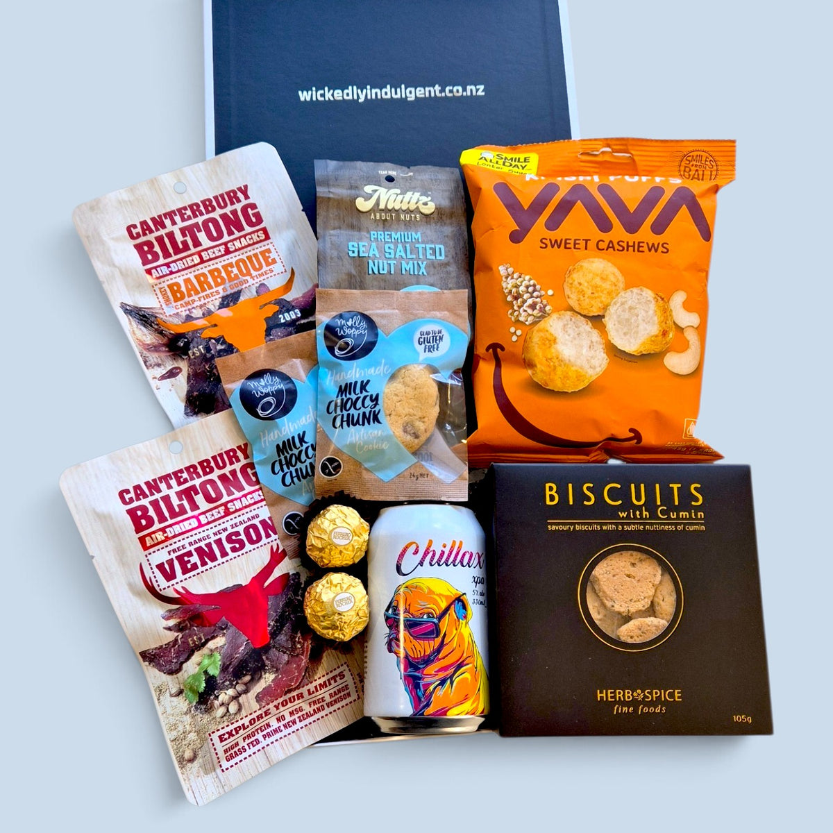 The deer essentials fathers day gift hamper with jerky, venison biltong, drink & more. Presented in a modern gift box.