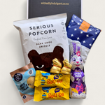 Easter gift box with cadbury chocolate bunny, Lindt bunnies, popcorn, Buzz Bars and sweet treats