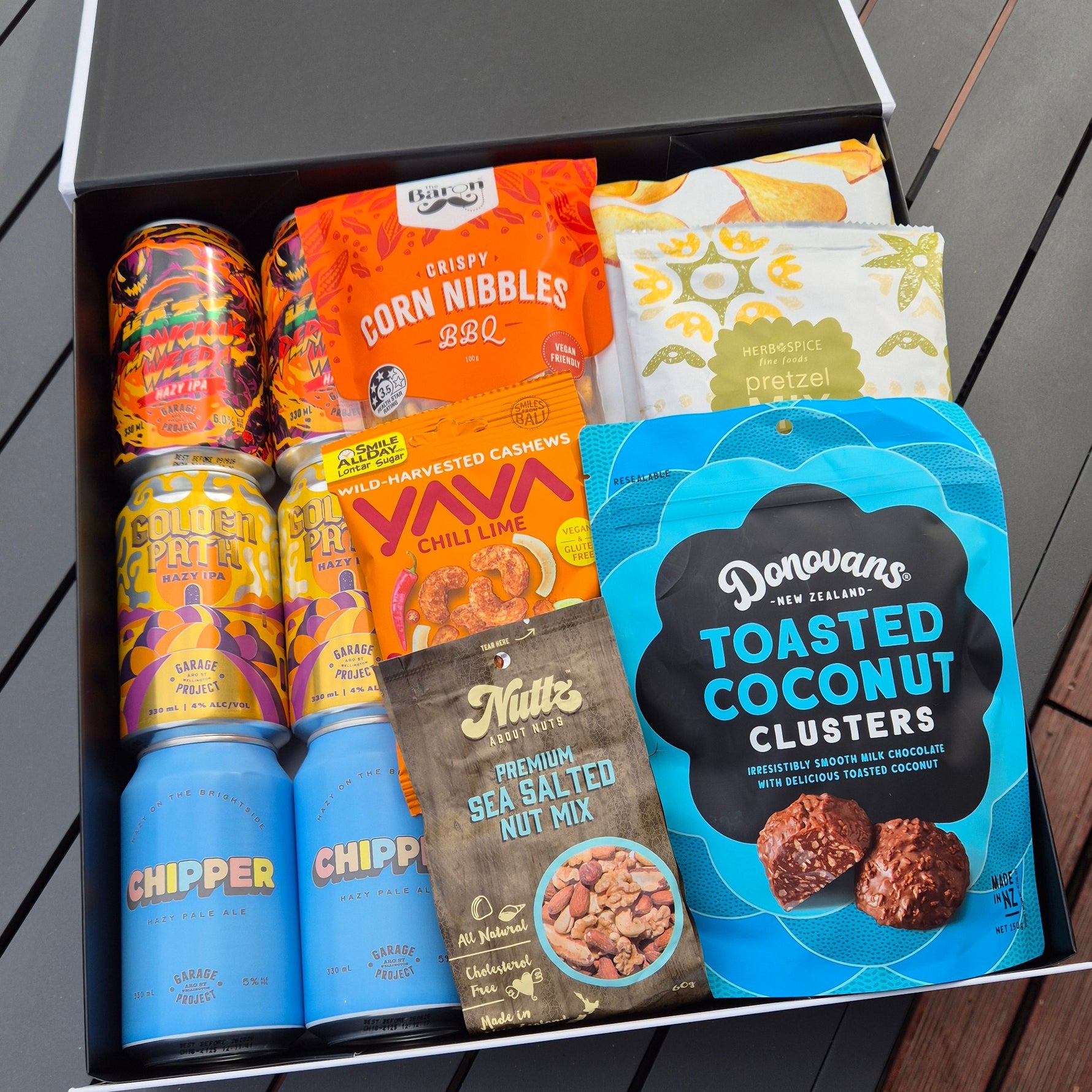 Gift box for him with craft beer and gourmet snacks including nuts, popcorn and chocolate, delivered NZ wide