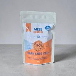 Wise Cookie Dark Choc Chip 60g in resealable packaging, a plant-based dairy-free chocolate chip cookie gift hamper add-on.