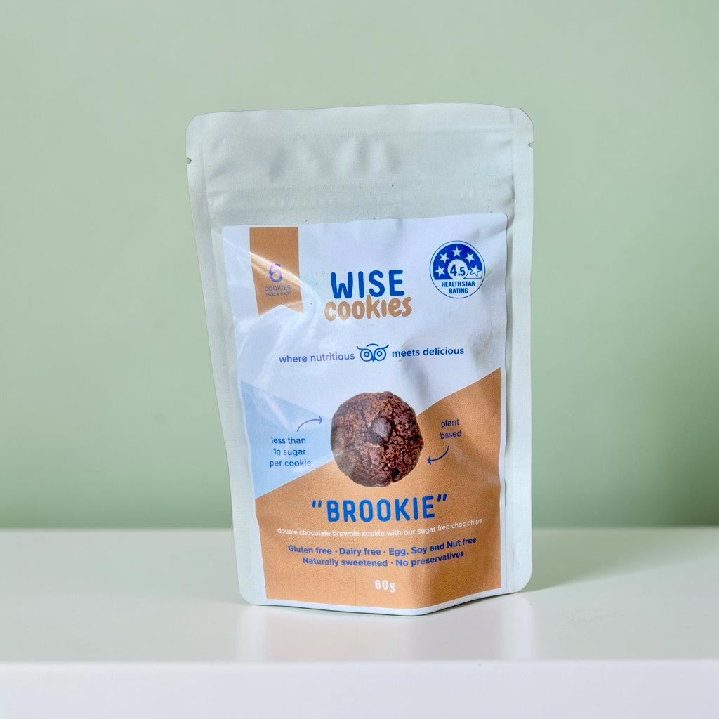 Wise Cookies Brookie 60g in resealable packaging, a gluten-free, dairy-free, egg-free and nut-free chocolate brownie cookie gift hamper add-on.
