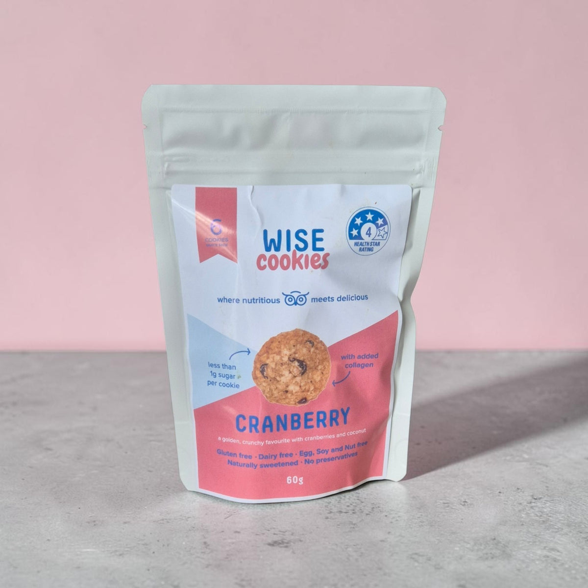 Wise Cookies Cranberry 60g in pink and white resealable packaging, gluten-free, dairy-free, egg-free and nut-free cookie gift hamper add-on.