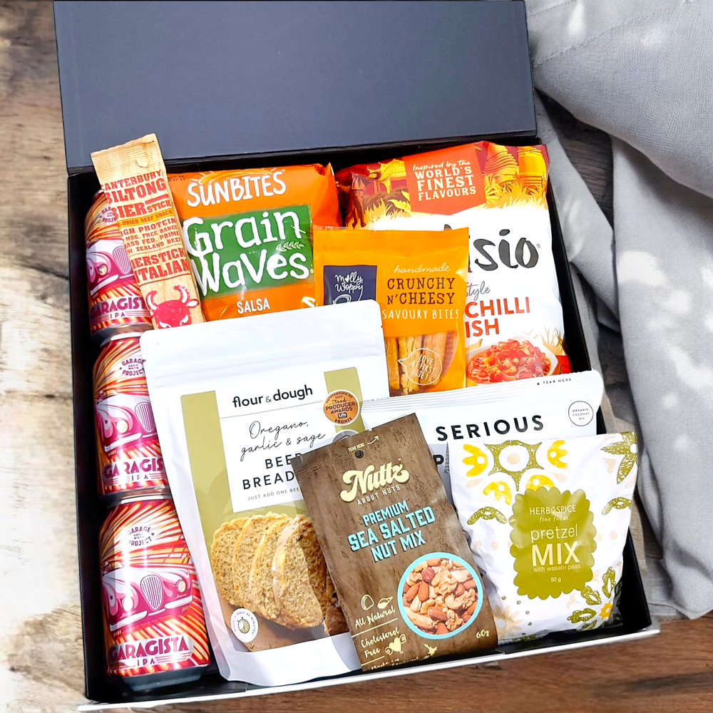 Craft beer gift box with chips, beer bread, nut and jerky.