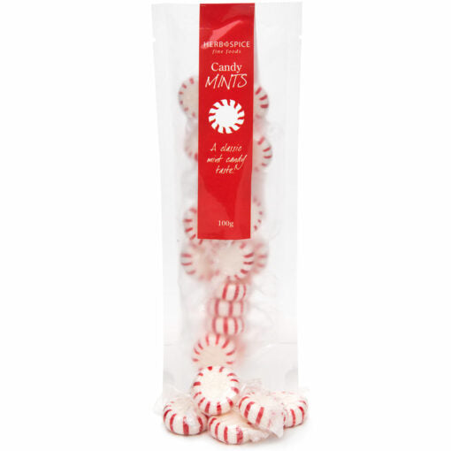 Christmas Candy Mints in red and white stripes, the perfect festive add-on treat to freshen up any Christmas gift box or hamper.