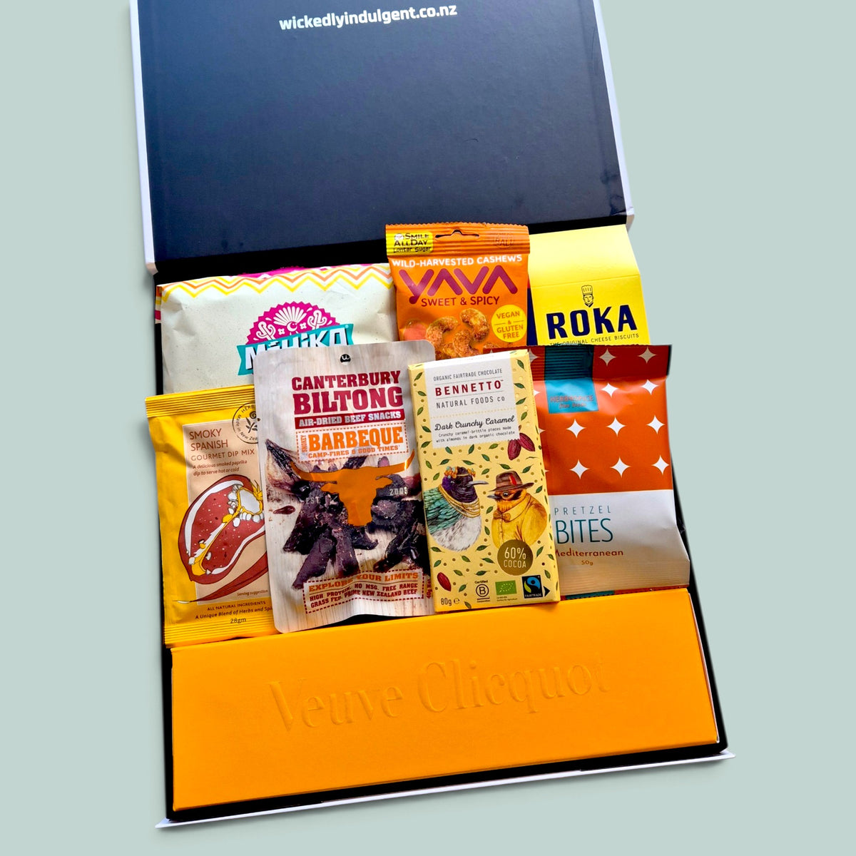 Veuve Clicquot Champagne gift box with sweet and savoury gourmet treats.