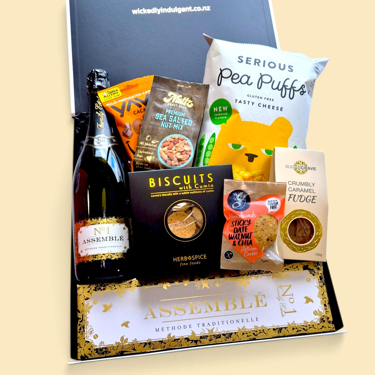 Champagne gift hamper with No.1 Assemble brut sparkling wine, sweet and savoury treats, beautifully packed for NZ gift delivery.