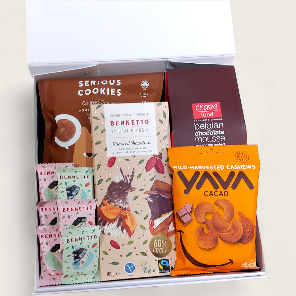 Dairy Free Chocolate Lovers Gift Hamper with Mousse, Cacao Cashews, Cookies & Chocolate. Presented in a Modern Gift Box.