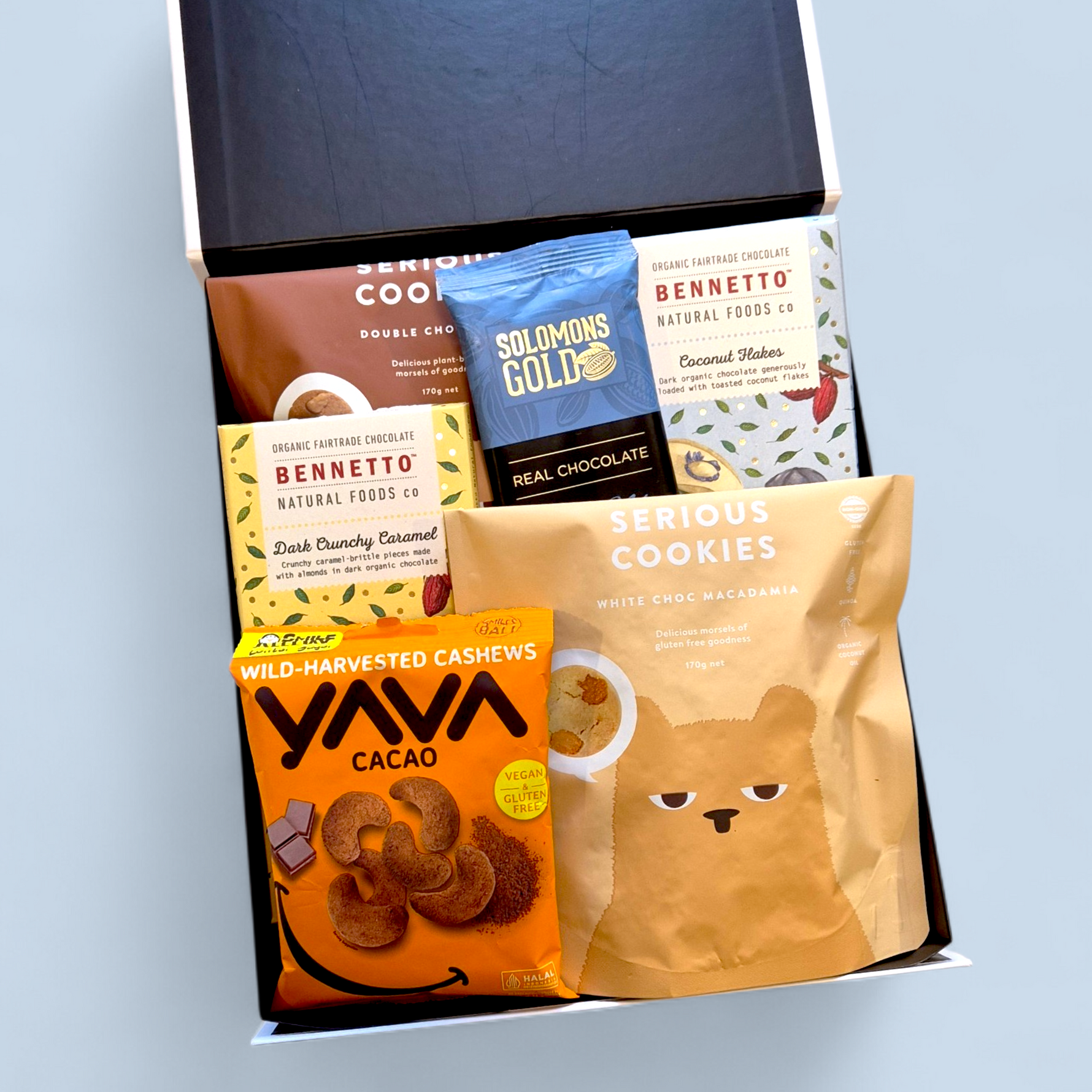 Chocolate gift hamper gluten free &  dairy free with premium treats and snacks NZ
