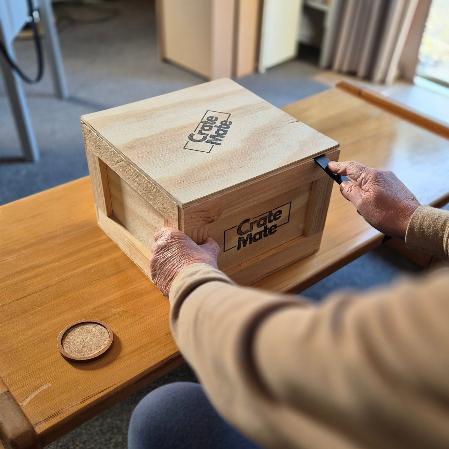 crate mate wooden gift crate being opened