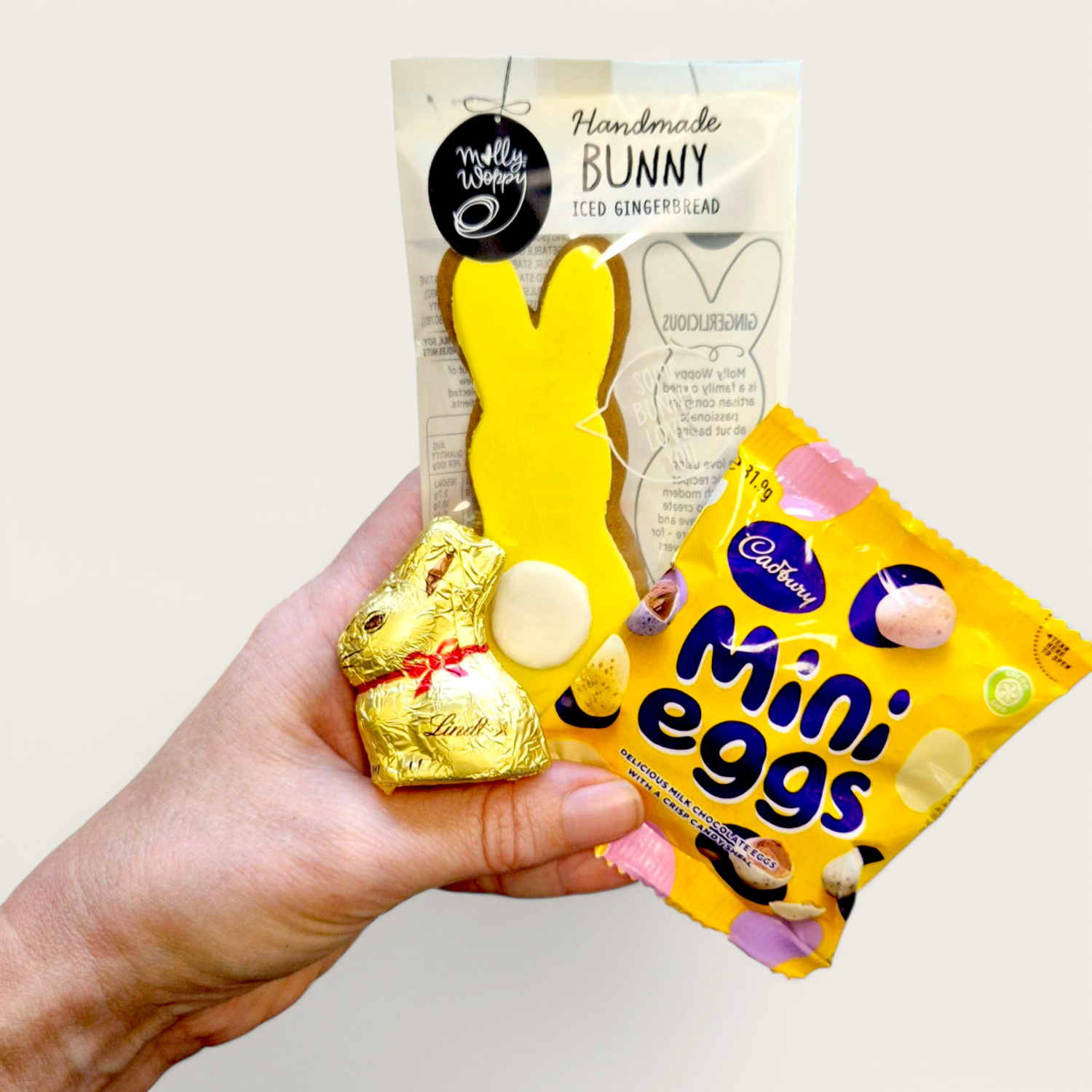 Easter Add-On: Just One More featuring Molly Woppy Gingerbread Bunny, Mini Lindt Bunny, and Cadbury Mini Eggs – perfect for adding Easter treats to any gift box.