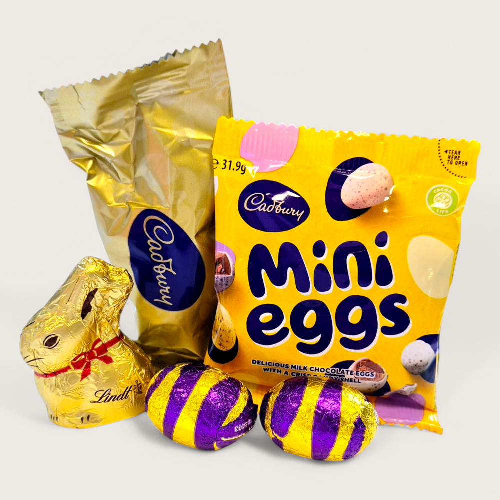 Easter Chocolate Treat Add-On featuring Cadbury Mini Eggs, Caramello Egg, Marshmallow Egg, and Mini Lindt Bunny – perfect Easter gift box addition.