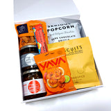 Funk with Food Gift box with two bacon condiments, chocolate, popcorn, biscuits, and cashews. Presented in a modern gift box.