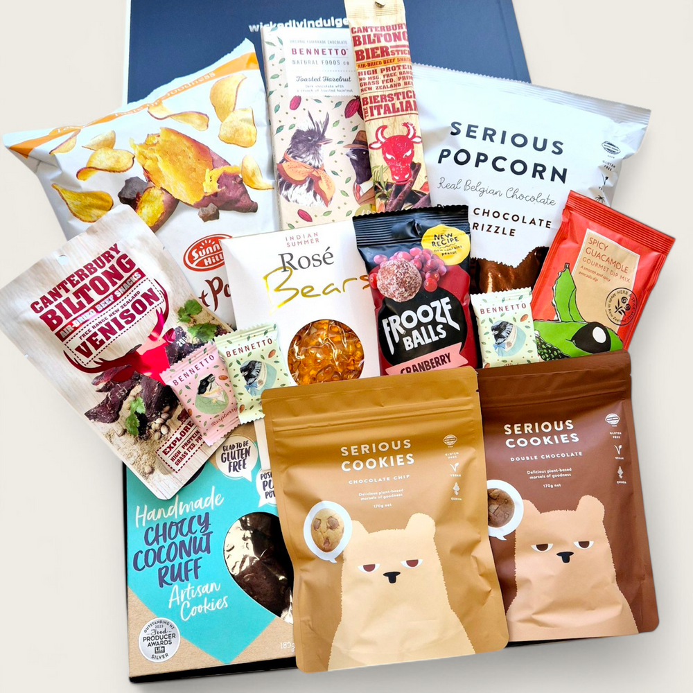 Treats on Repeat gluten-free dairy-free gift box featuring cookies, biltong, chocolate, and snacks. Perfect allergy friendly hamper for gifting NZ wide.