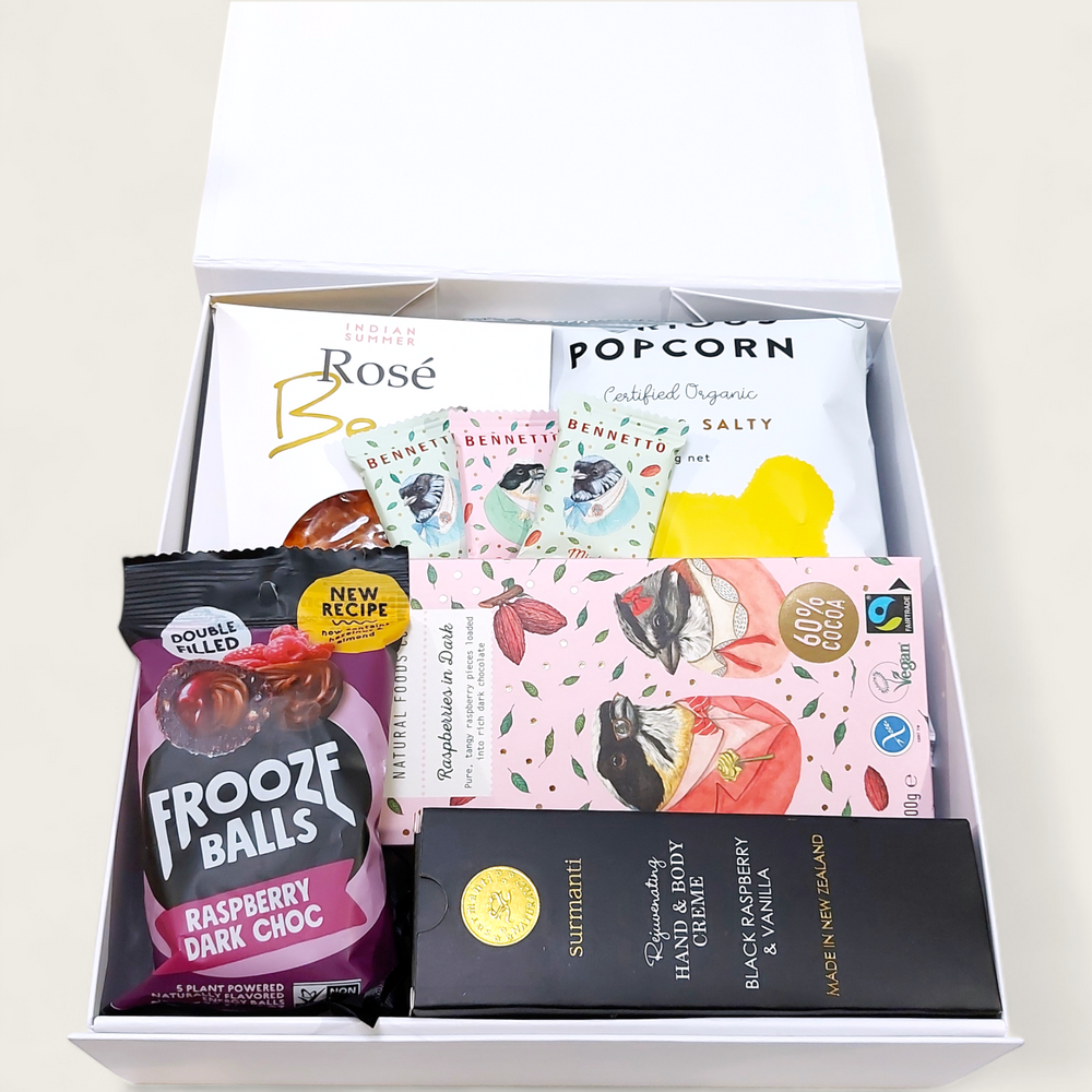 Gluten Free & Dairy Free Gift Box for Her with chocolate, hand cream, lollies and bliss balls.