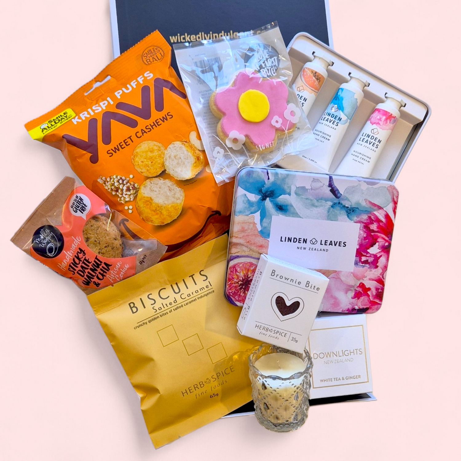 Luxury Mother’s Day gift box with Linden Leaves pamper set, candle, biscuits, cookie and snacks in signature packaging