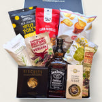 Jack in the Box gift hamper with Jack Daniels whiskey, artisan New Zealand snacks, gourmet biscuits, crisps, and sweet treats in a sleek Wickedly Indulgent gift box.