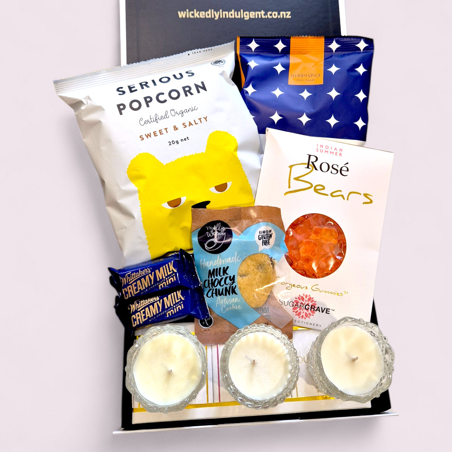 Gift Hamper with three Downlights mini candles gift set & sweets. Presented in a modern gift box.