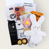 Little Miss or Mister New Baby Gift with snuggle bunny, Surmanti Baby Oil & Yummy snacks.