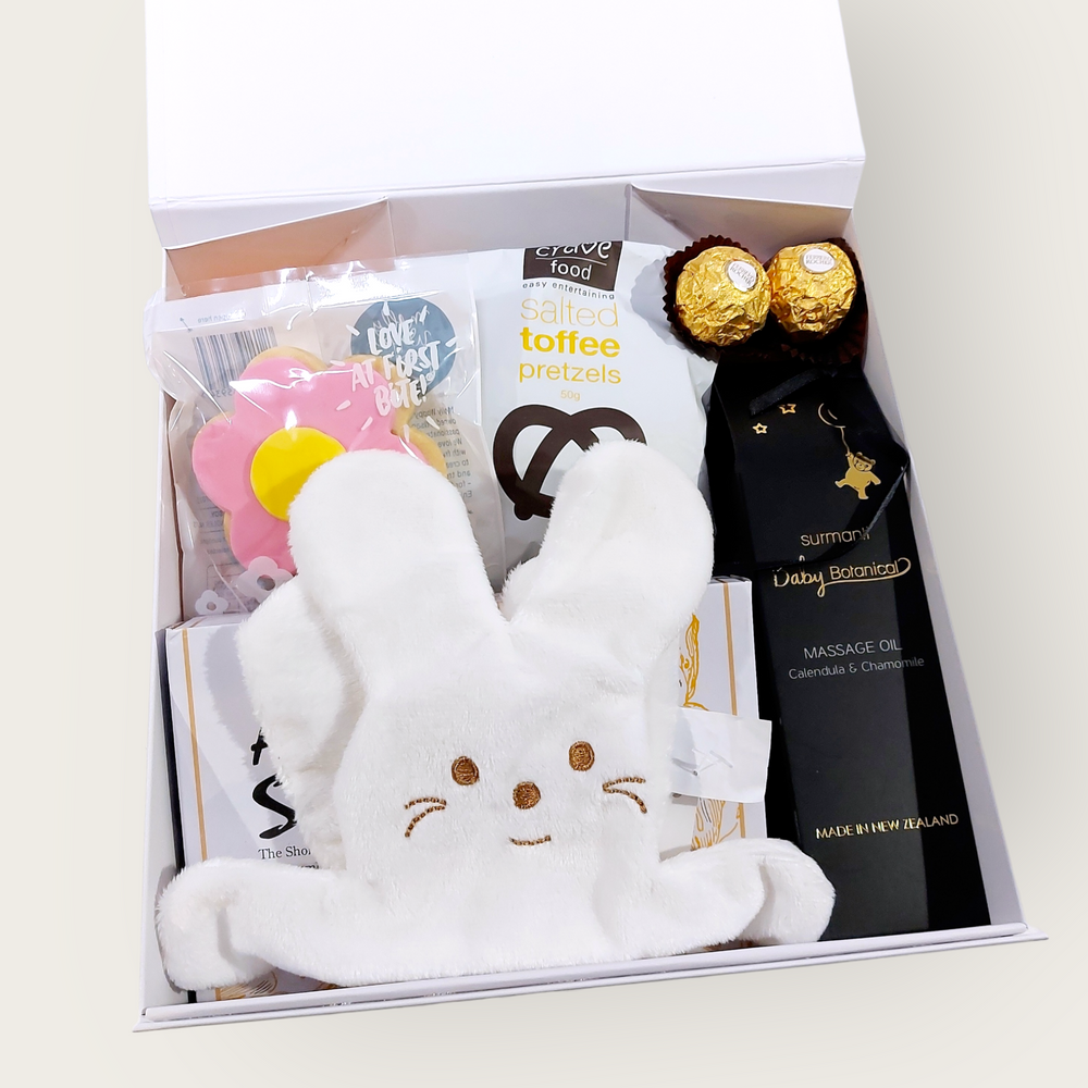 Little Miss or Mister New Baby Gift with snuggle bunny, Surmanti Baby Oil & Yummy snacks.