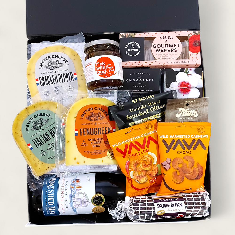 Savour the Flavour gift basket with wine, cheese & condiments beautifully presented in a modern gift box.