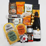 Savour the Flavour gift basket with wine, cheese & condiments beautifully presented in a modern gift box.