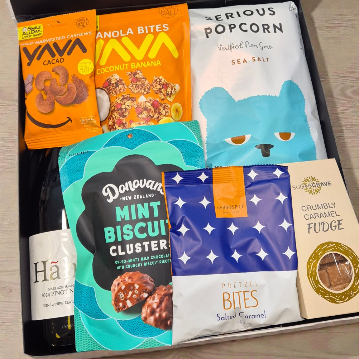 wine and snacks in a modern gift box.