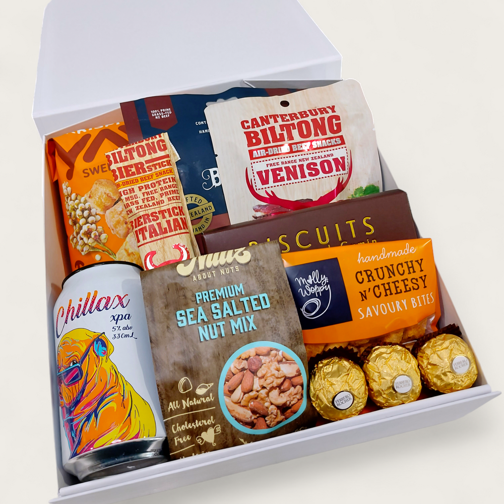 The deer essentials fathers day gift hamper with jerky, venison biltong, drink & more. Presented in a modern gift box.