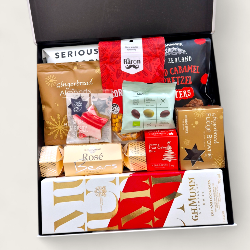 Festive Xmas gift hamper with champagne and festive indulgences.