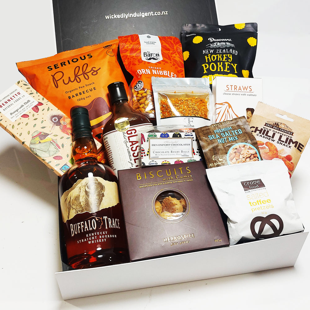 Big Buffalo Gift Box with Buffalo Trace Bourbon, cumin biscuits, BBQ Rub, and more. Presented in a modern Gift Box.