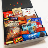 Valentines day chocolate lovers gift hamper with maltesers, mallowpuffs, cookies & Oreos, presented in a modern gift box.