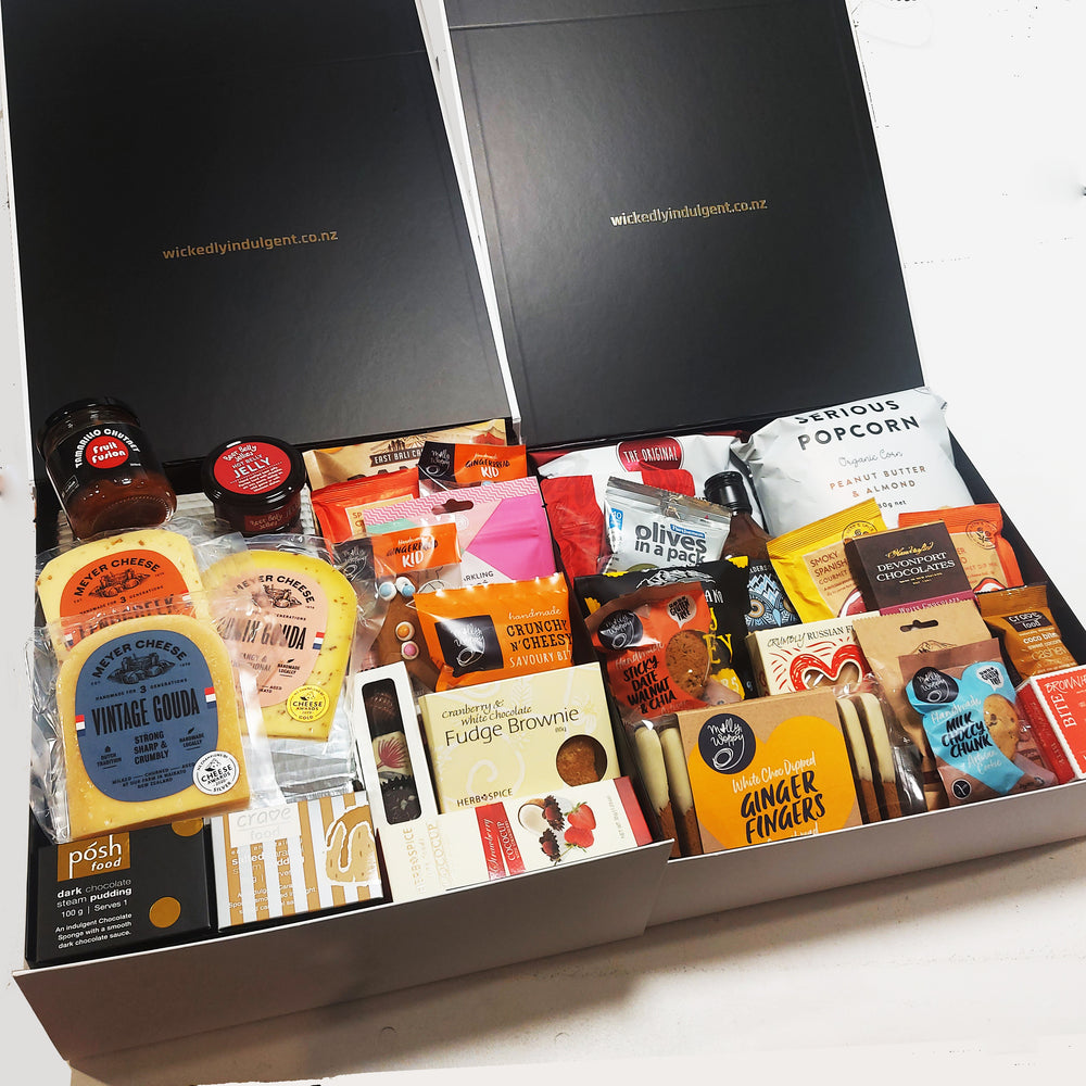 Eat.Sleep.Repeat large corporate gift hamper. Non alcoholic. cheese, jelly, gingerbread, chips, pocorn, chutney, dips, brownie and loads more.