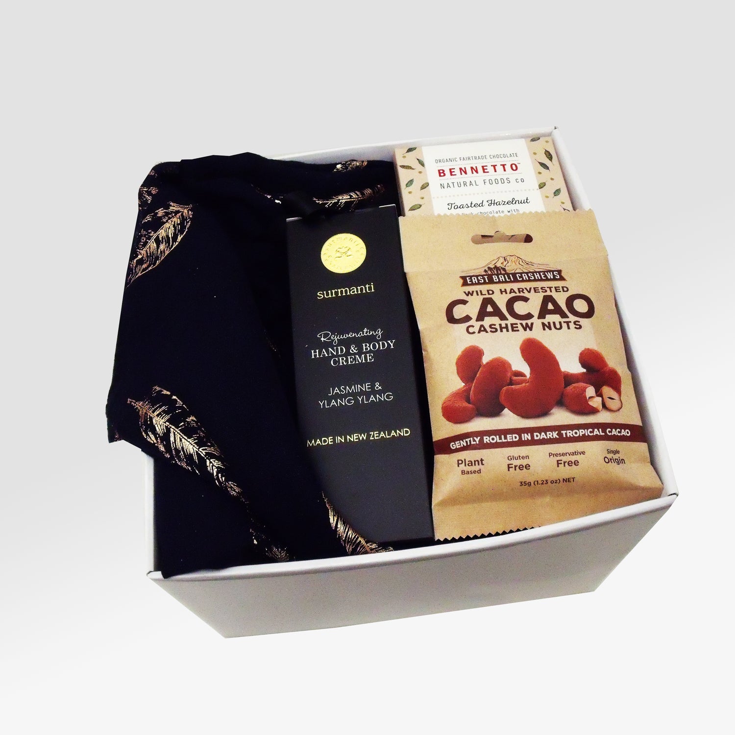 Dairy Free & Gluten Free Gift Box with a designer scarf, hand cream, cacao nuts and Hazelnut Chocolate