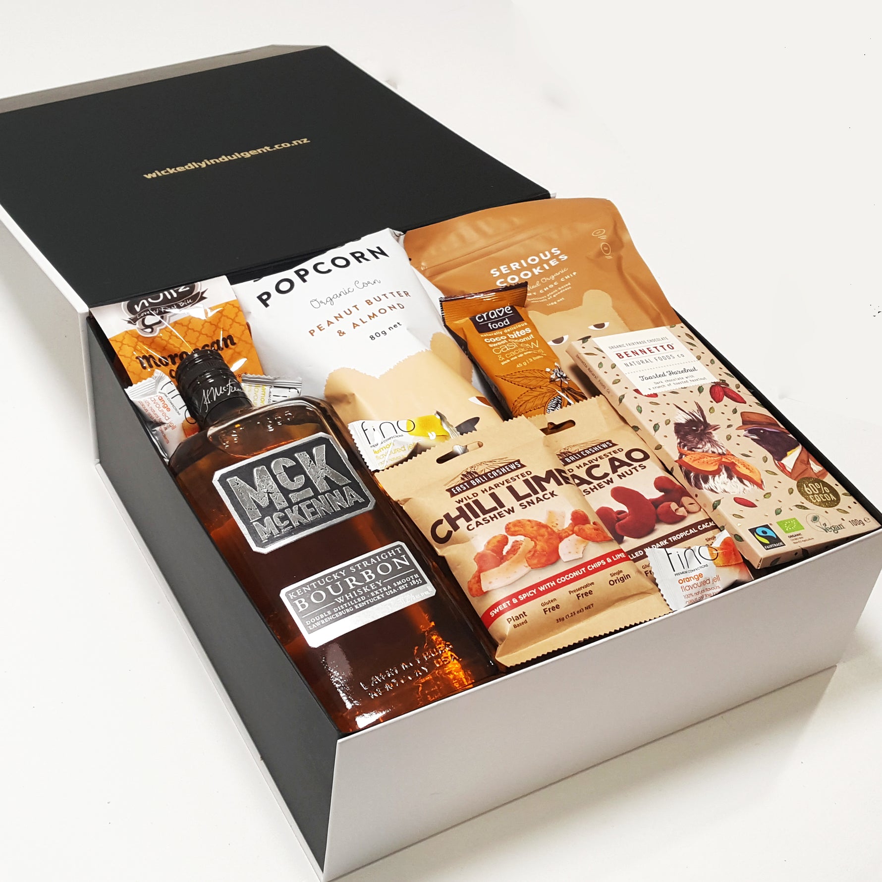 Gluten Free & Dairy Free Gift Hamper with McKenna Bourbon, Chocolate & Nuts & Popcorn.