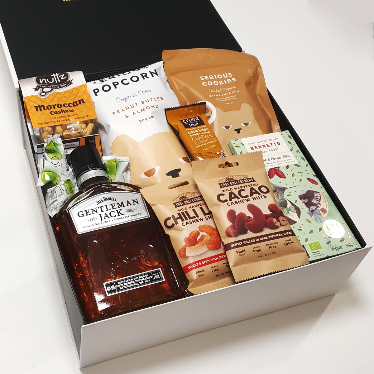 Gluten Free & Dairy Free Gift Hamper with Gentlemen Jack Whisky, Chocolate, Nuts & Popcorn.