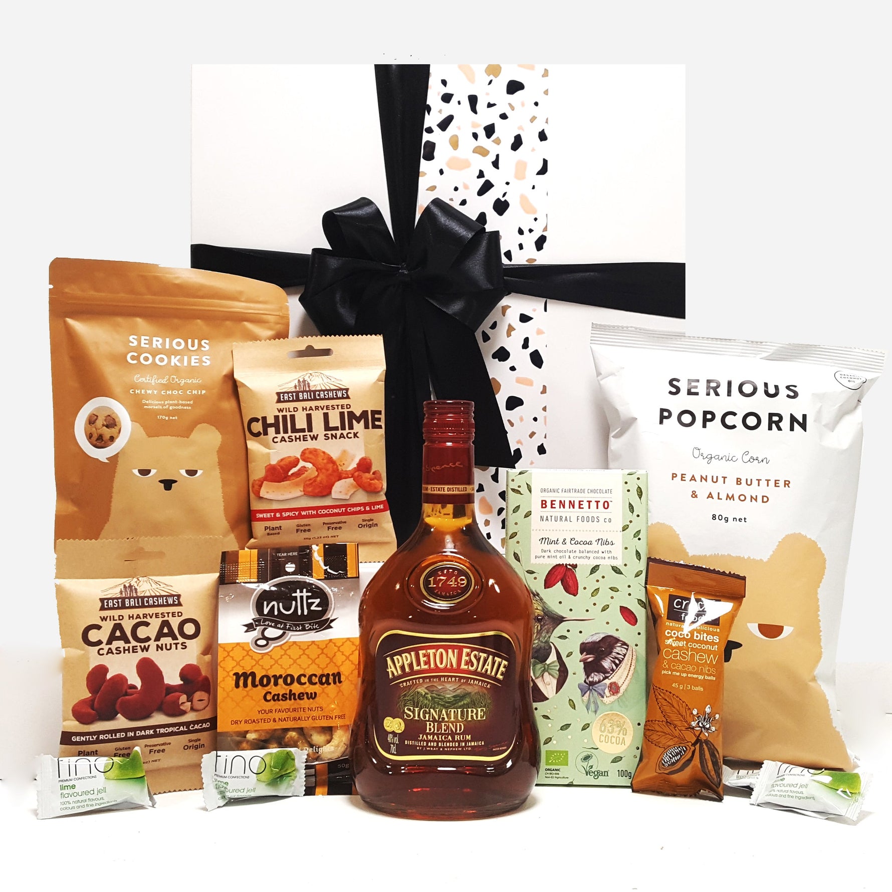 Gluten Free & Dairy Free Gift Hamper with Appletons Rum, Chocolate & Nuts & Popcorn.