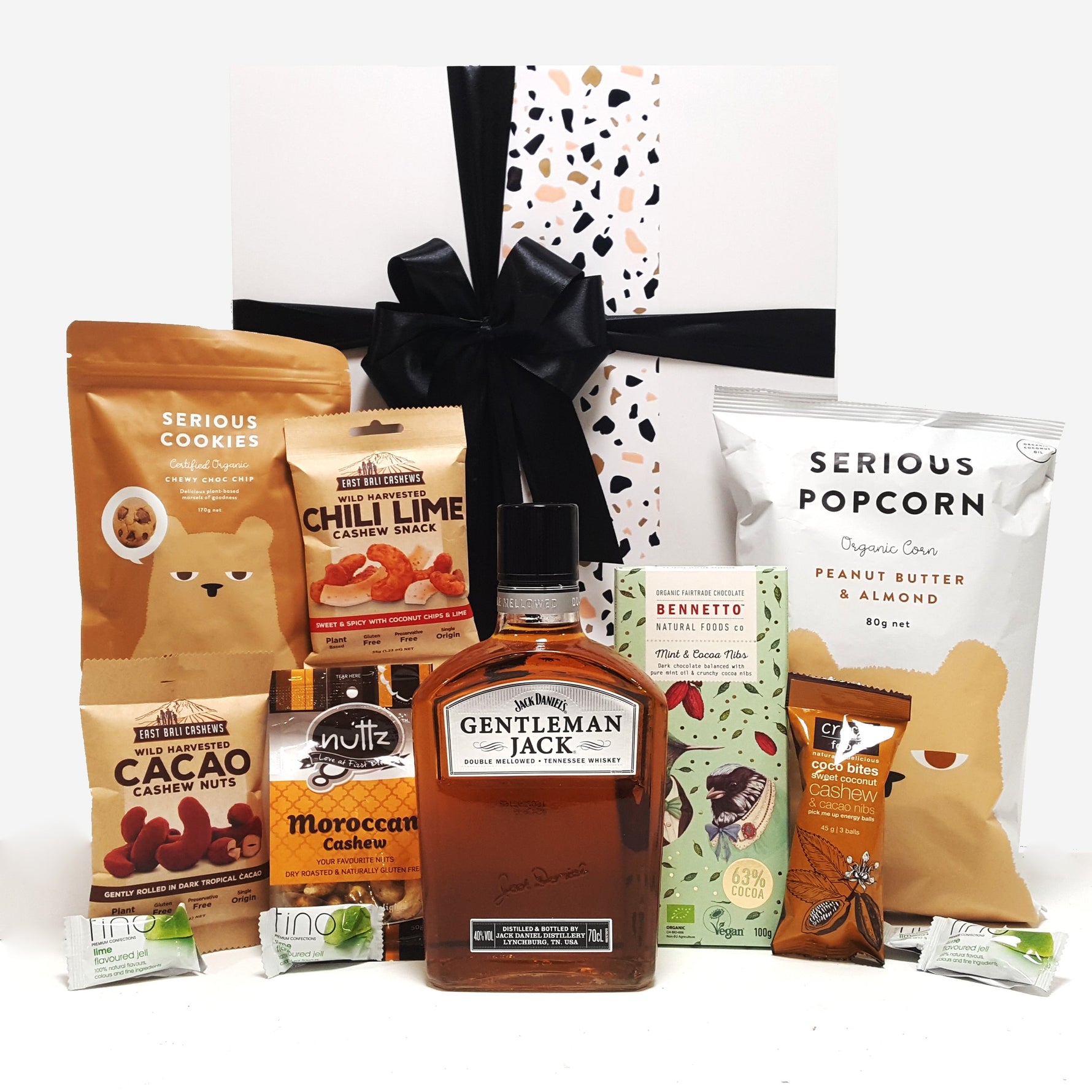 Gluten Free & Dairy Free Gift Hamper with Gentlemen Jack Whisky, Chocolate & Nuts & Popcorn.