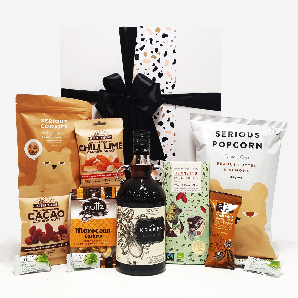 Gluten Free & Dairy Free Gift Hamper with Kraken Spiced Rum, Chocolate & Nuts & Popcorn.