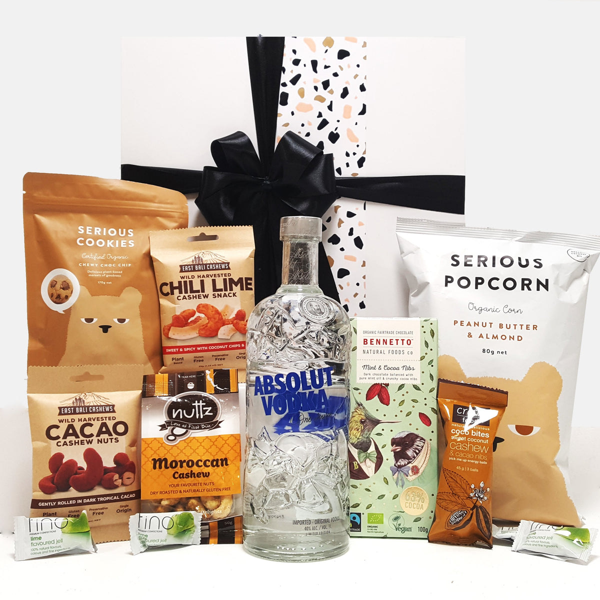 Gluten Free & Dairy Free Gift Hamper with Absolut Vodka, Chocolate & Nuts & Popcorn.