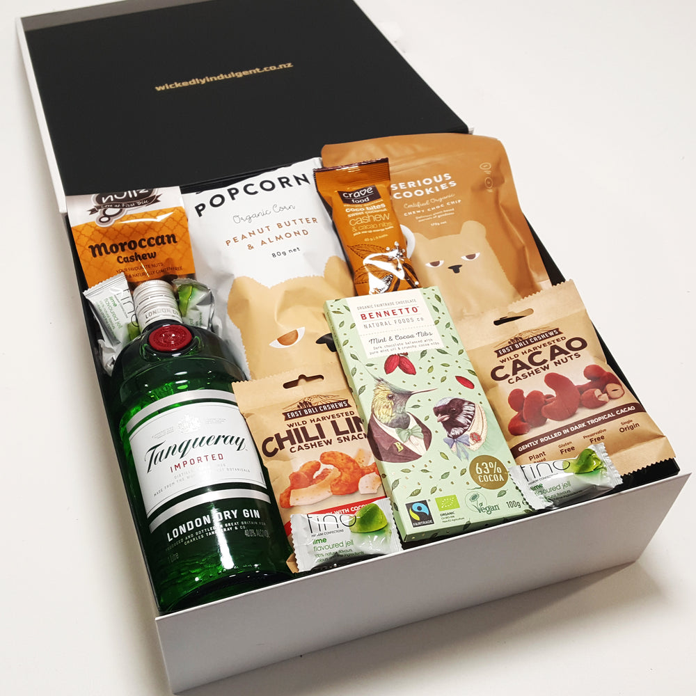 Gluten Free & Dairy Free Gift Hamper with Tanqueray Gin, Chocolate & Nuts & Popcorn.