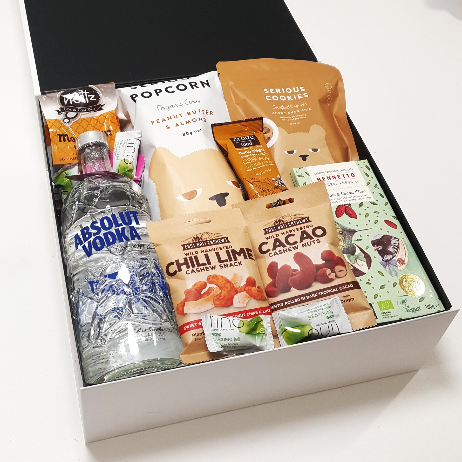 Gluten Free & Dairy Free Gift Hamper with Vodka, Chocolate & Nuts & Popcorn.