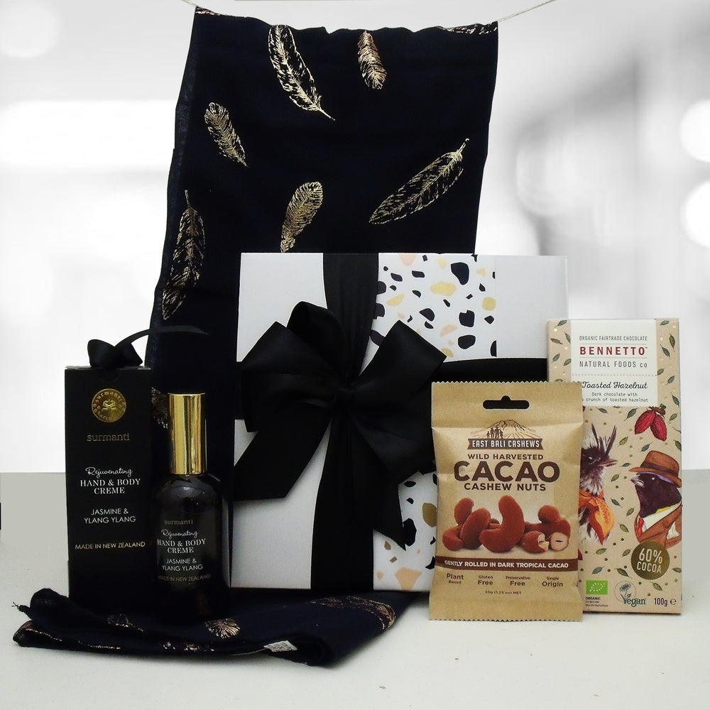 Dairy Free & Gluten Free Gift Box with a designer scarf, hand cream, cacao nuts and Hazelnut Chocolate